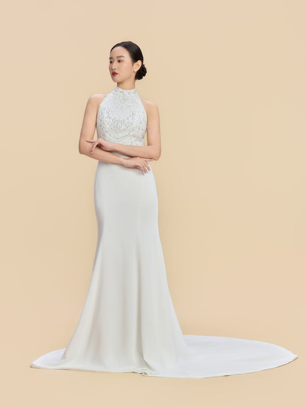 Allyson Bespoke Qipao - White Backless Mermaid Cheongsam