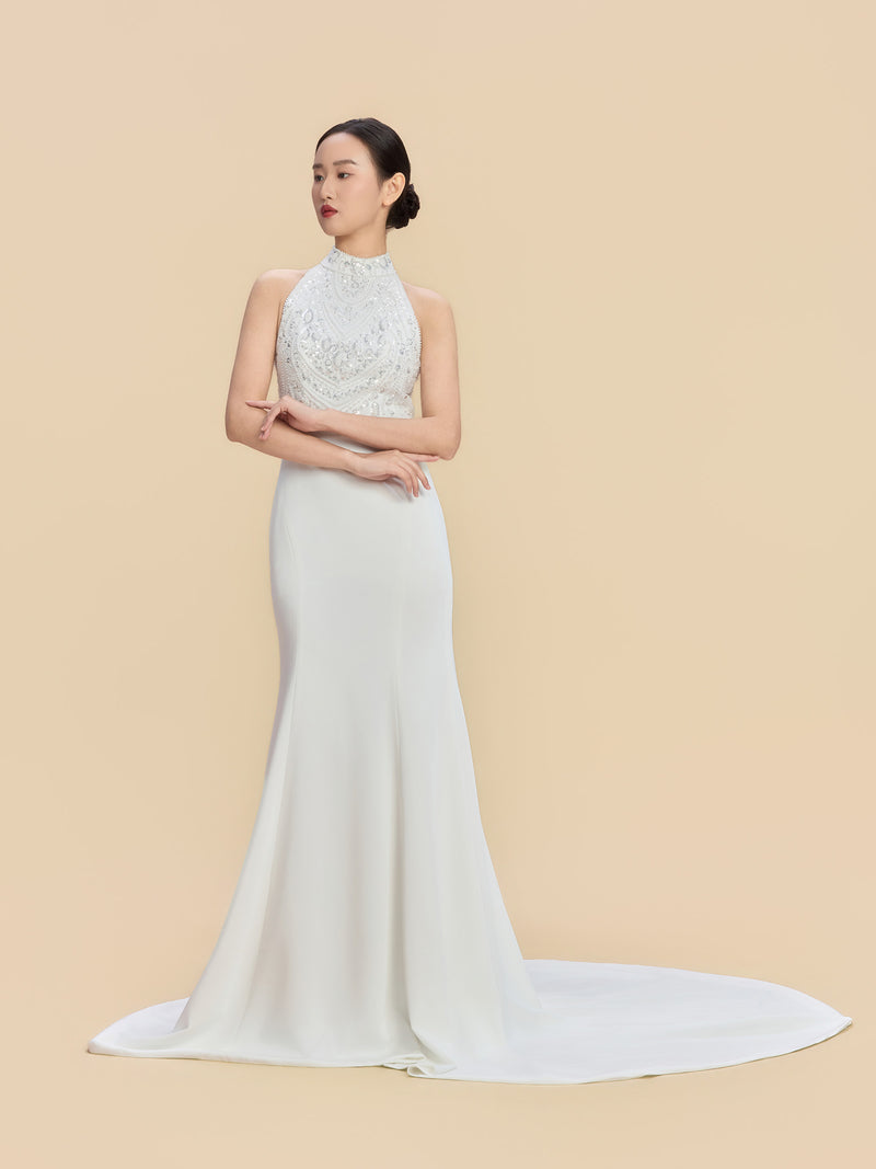 Allyson Bespoke Qipao - White Backless Mermaid Cheongsam