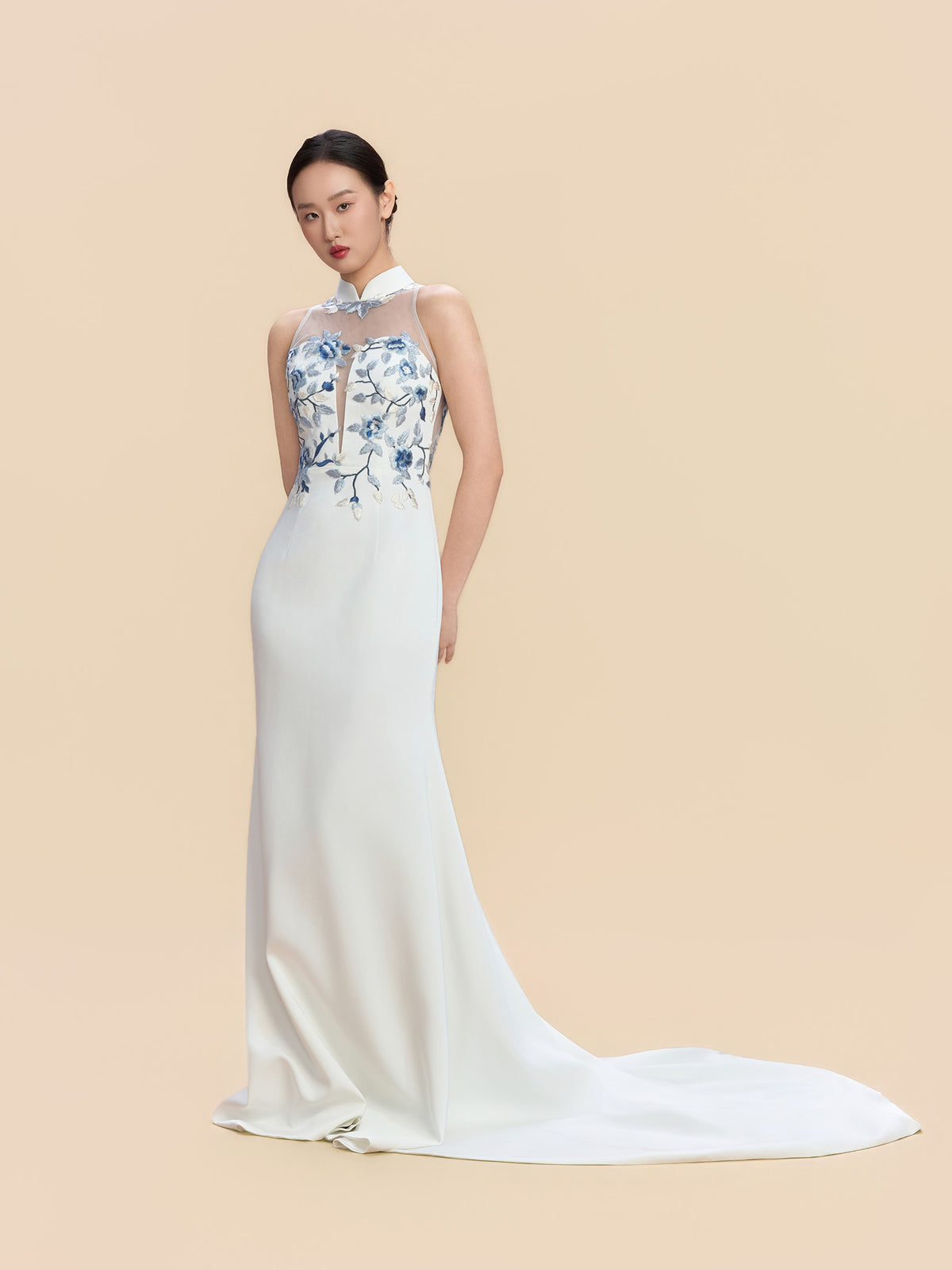 Carol Bespoke Qipao - White Train Mermaid Cheongsam