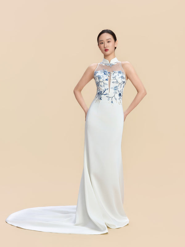 Carol Bespoke Qipao - White Train Mermaid Cheongsam