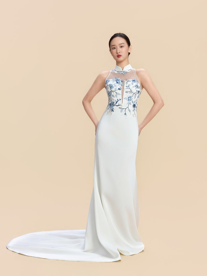 Carol Bespoke Qipao - White Train Mermaid Cheongsam