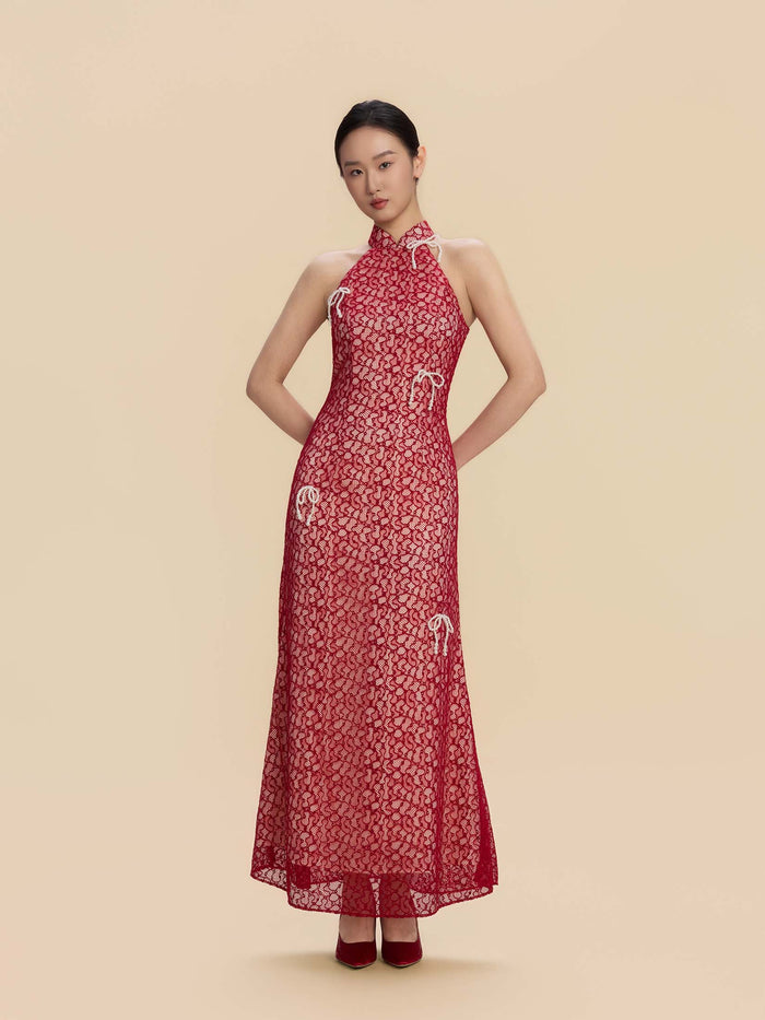 Clara Bespoke Qipao -  Red Lace Fabric Fishtail Wedding Cheongsam