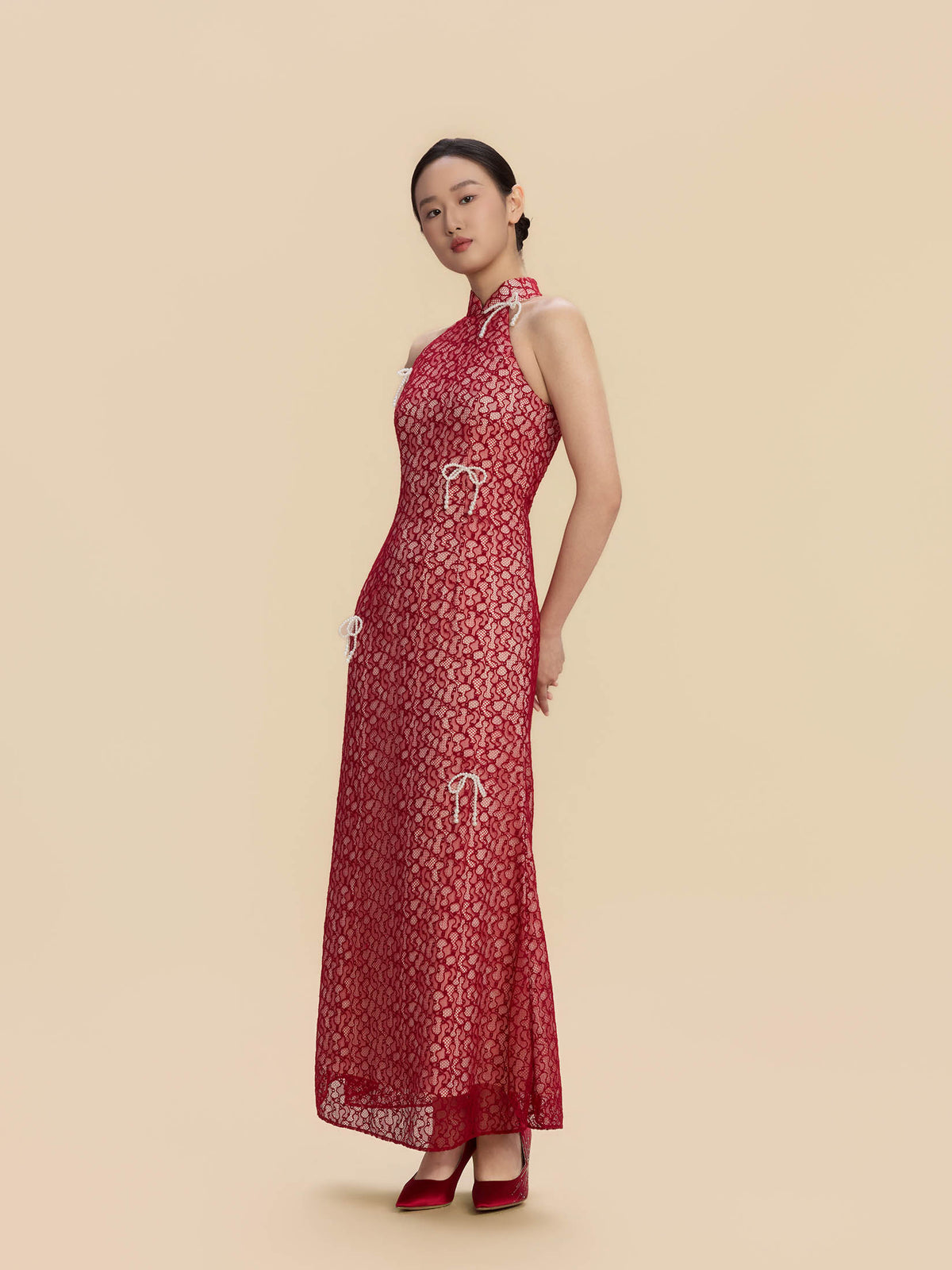 Clara Bespoke Qipao -  Red Lace Fabric Fishtail Wedding Cheongsam