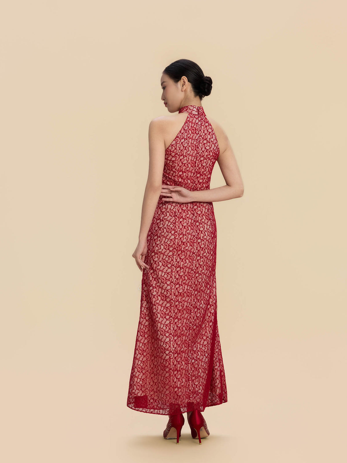 Clara Bespoke Qipao -  Red Lace Fabric Fishtail Wedding Cheongsam