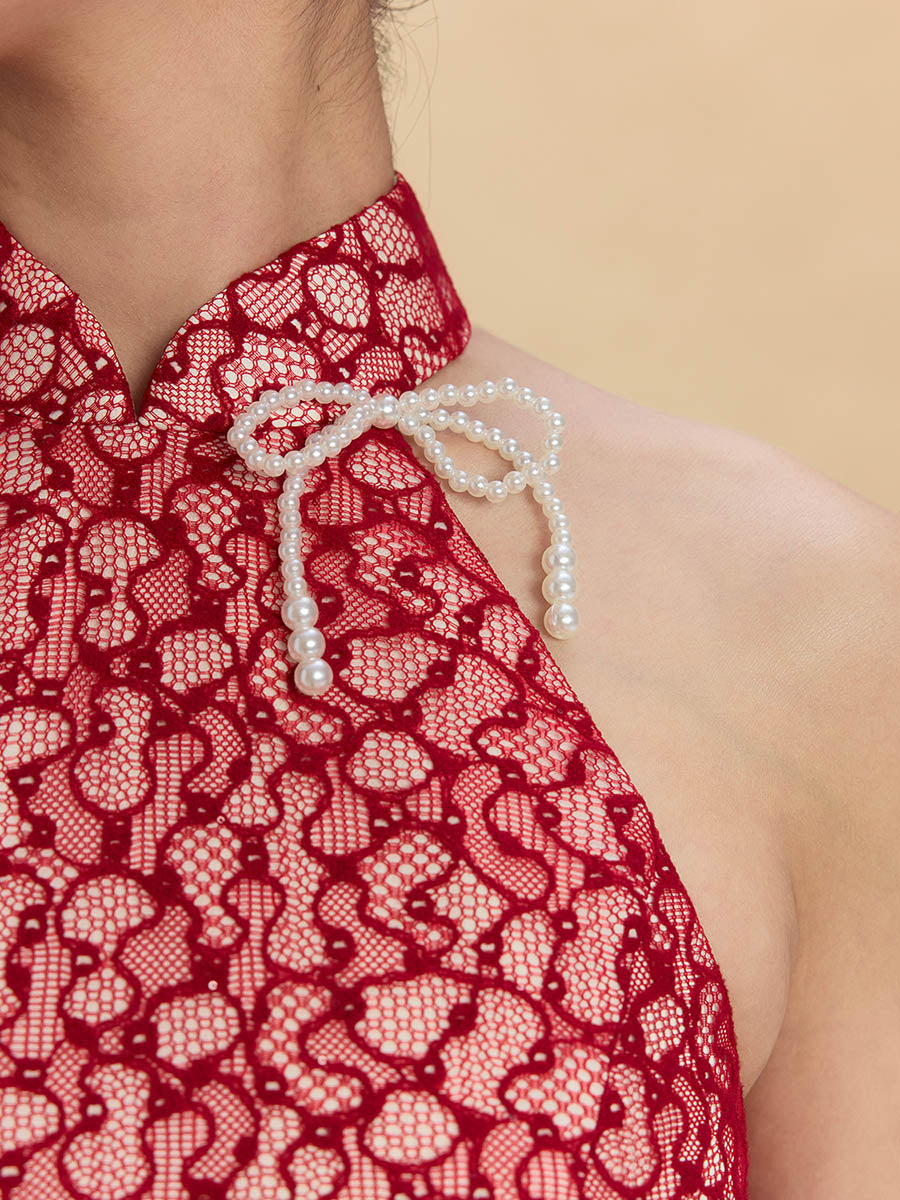 Clara Bespoke Qipao -  Red Lace Fabric Fishtail Wedding Cheongsam