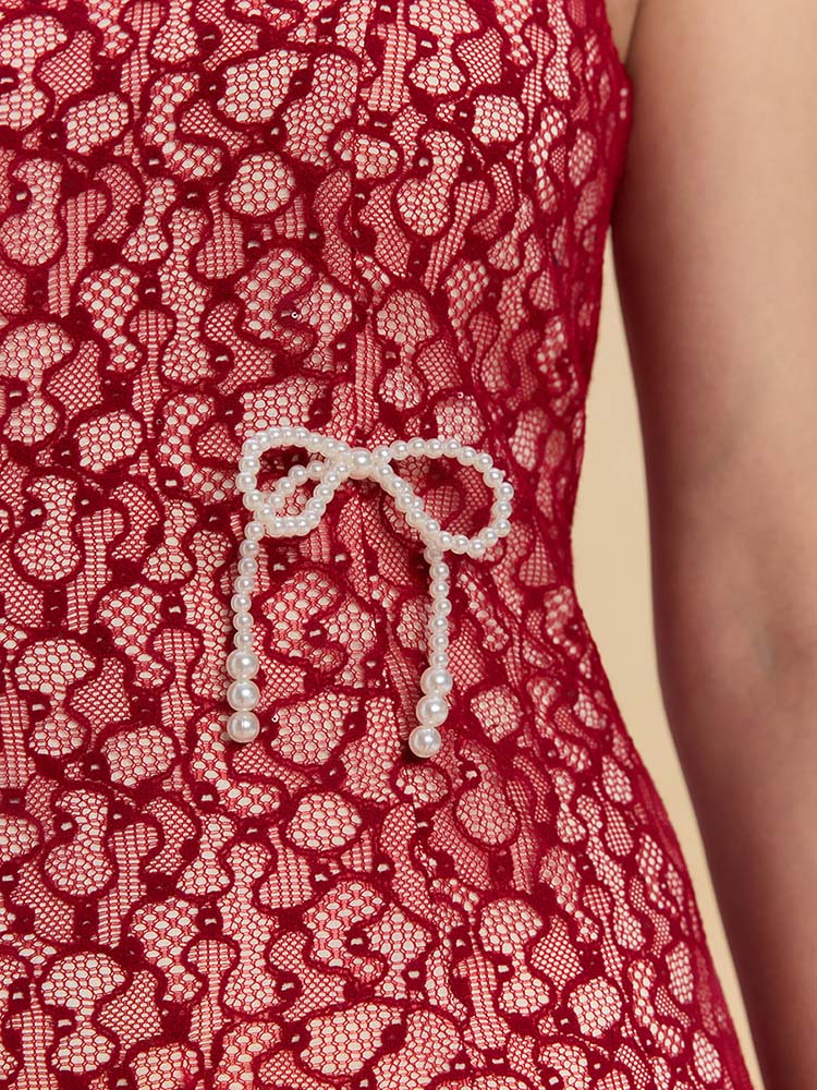 Clara Bespoke Qipao -  Red Lace Fabric Fishtail Wedding Cheongsam