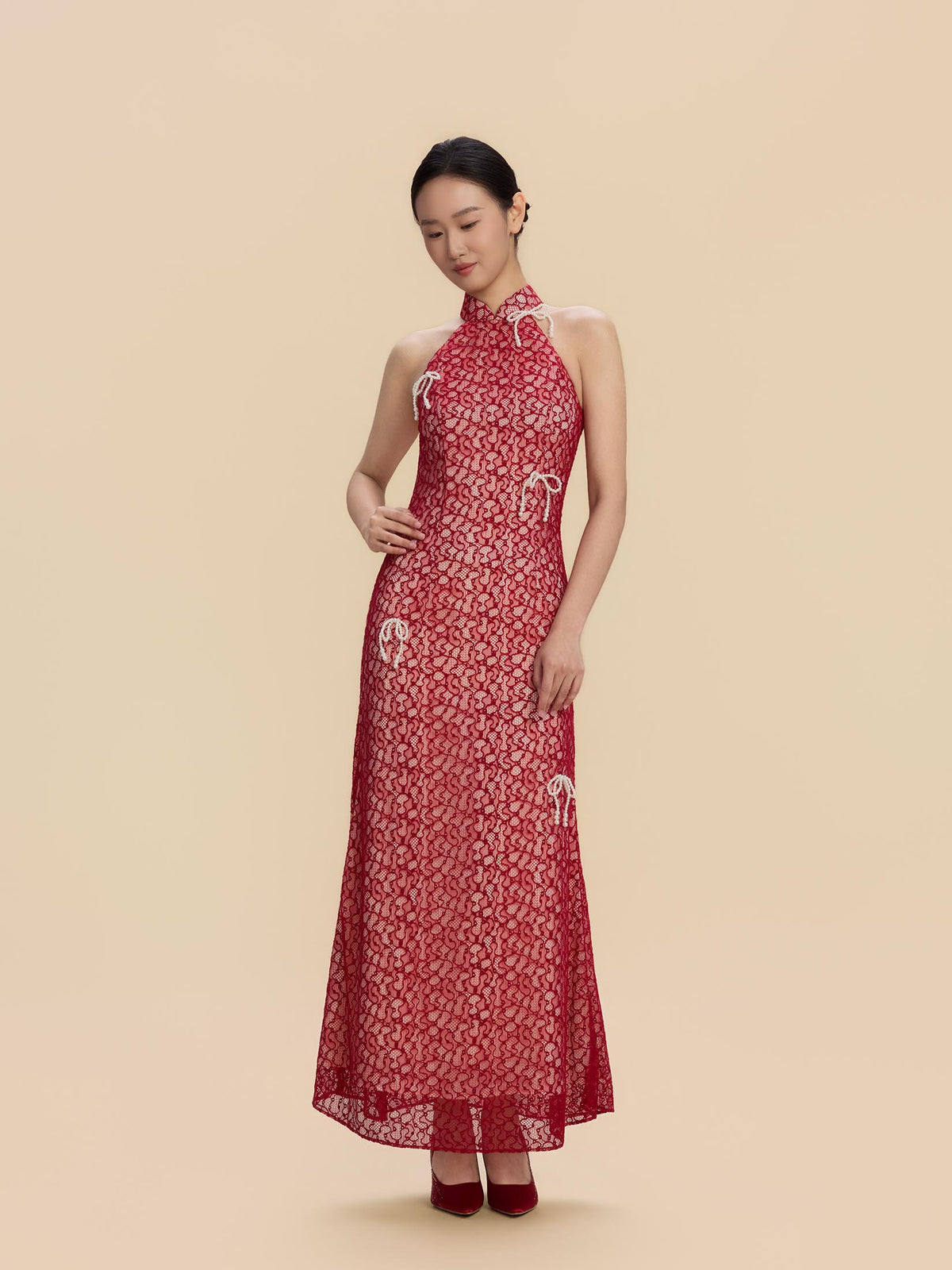 Clara Bespoke Qipao -  Red Lace Fabric Fishtail Wedding Cheongsam