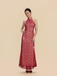 Clara Bespoke Qipao -  Red Lace Fabric Fishtail Wedding Cheongsam