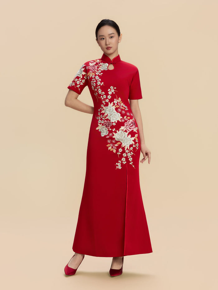 Isadora Bespoke Qipao - Floral Embroidery Satin Wedding Cheongsam