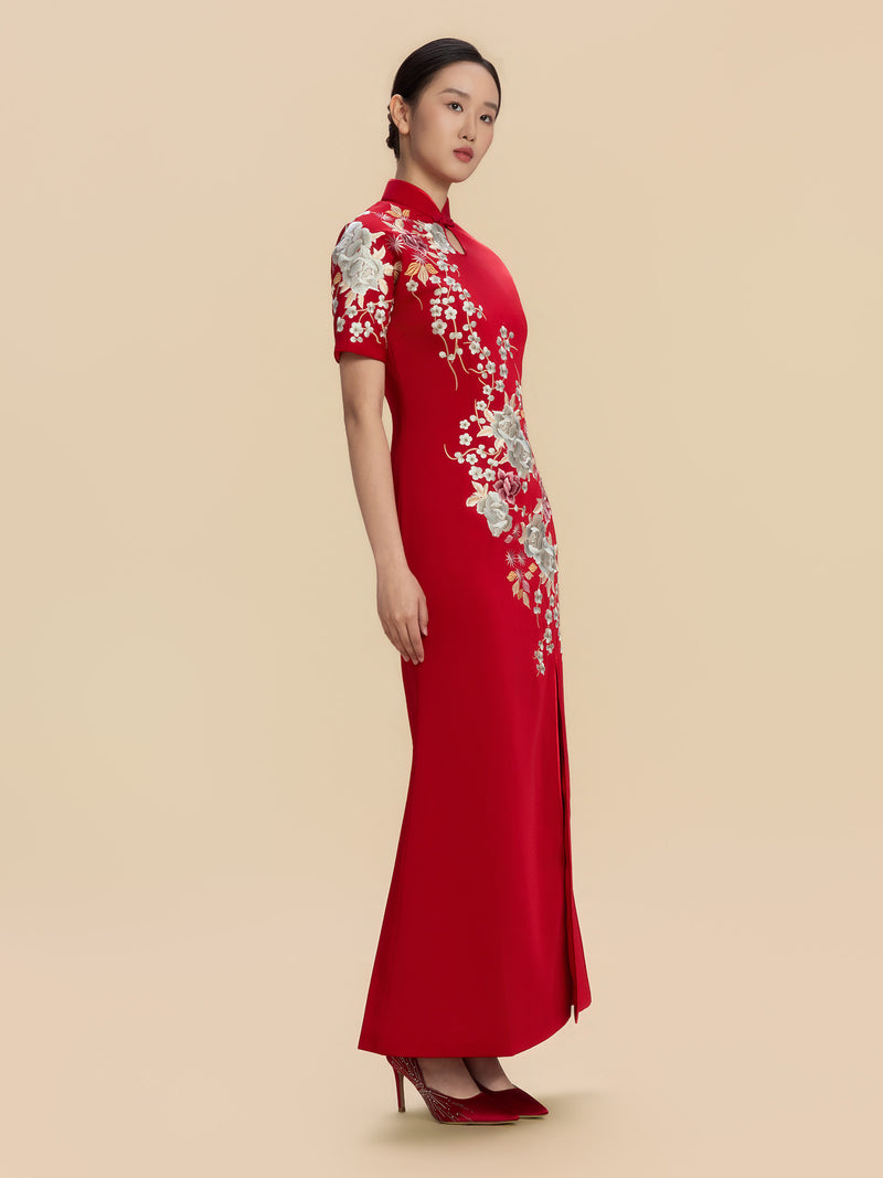 Isadora Bespoke Qipao - Floral Embroidery Satin Wedding Cheongsam