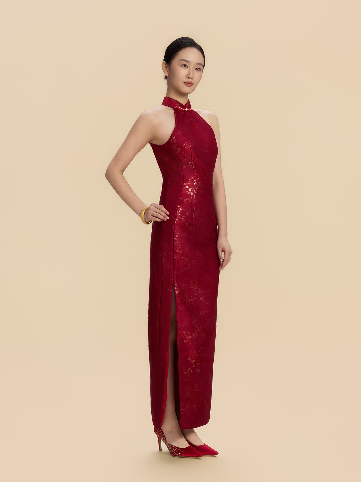 Katharine Bespoke Qipao - Red Jacquard Fabric Wedding Cheongsam
