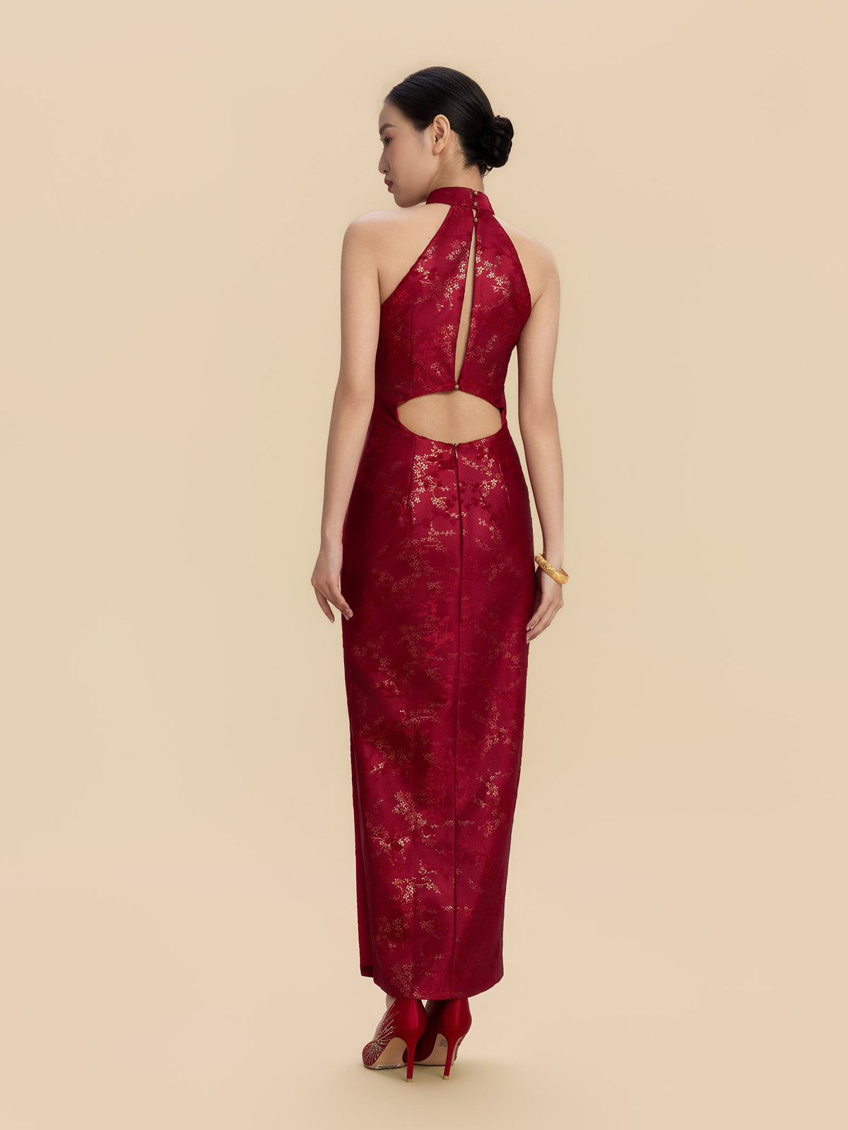 Katharine Bespoke Qipao - Red Jacquard Fabric Wedding Cheongsam