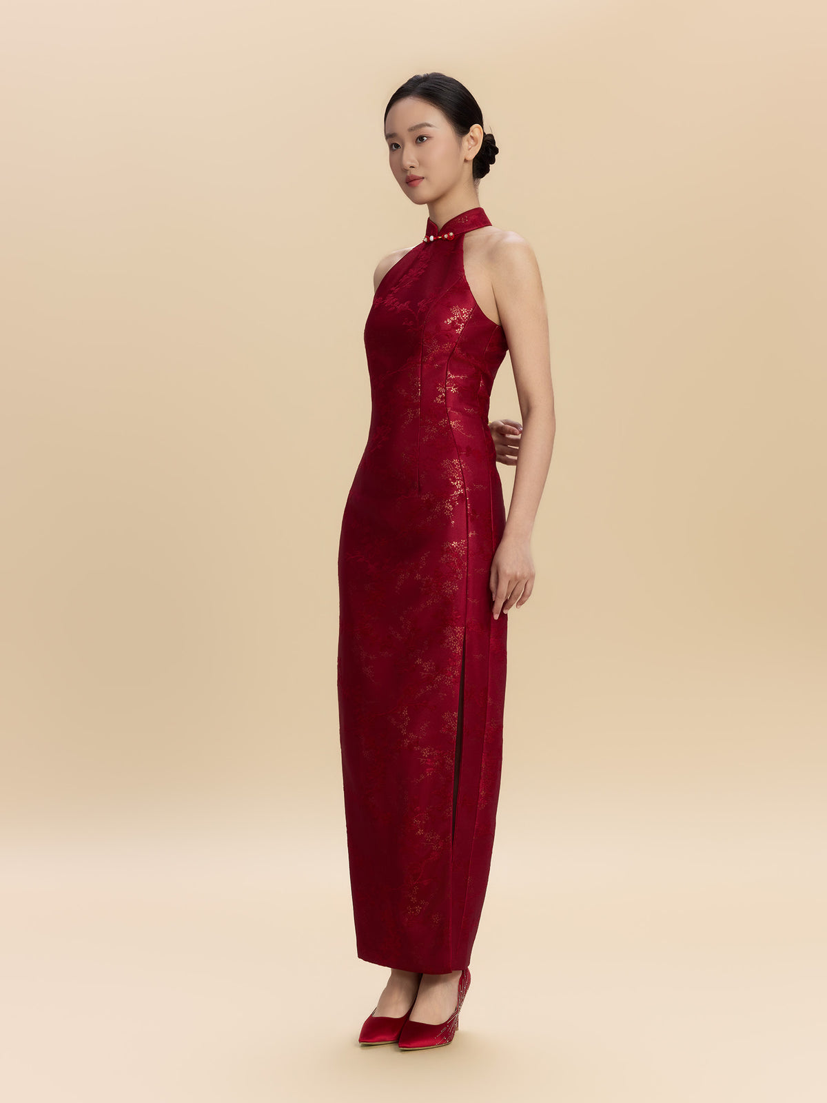 Katharine Bespoke Qipao - Red Jacquard Fabric Wedding Cheongsam