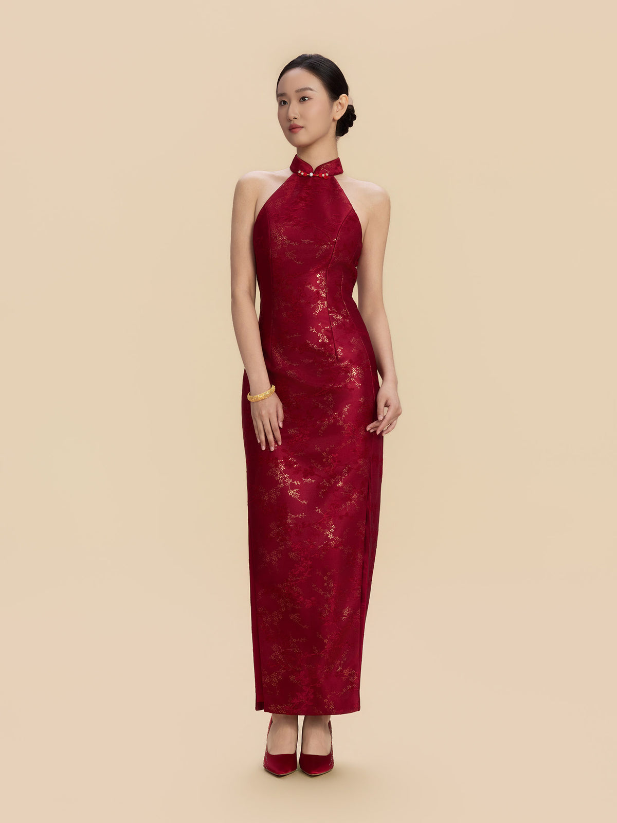 Katharine Bespoke Qipao - Red Jacquard Fabric Wedding Cheongsam
