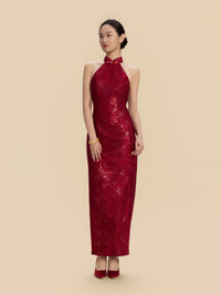 Katharine Bespoke Qipao - Red Jacquard Fabric Wedding Cheongsam