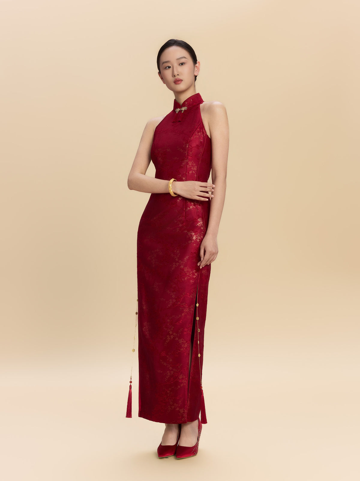 Lucretia Bespoke Qipao - Red Jacquard Fabric Wedding Cheongsam