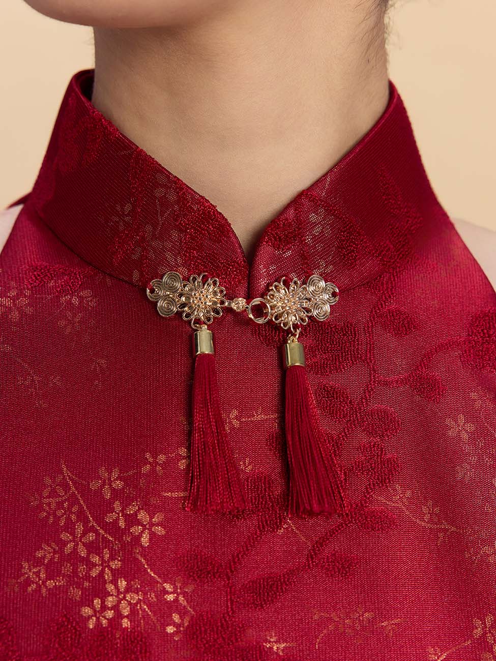 Lucretia Bespoke Qipao - Red Jacquard Fabric Wedding Cheongsam