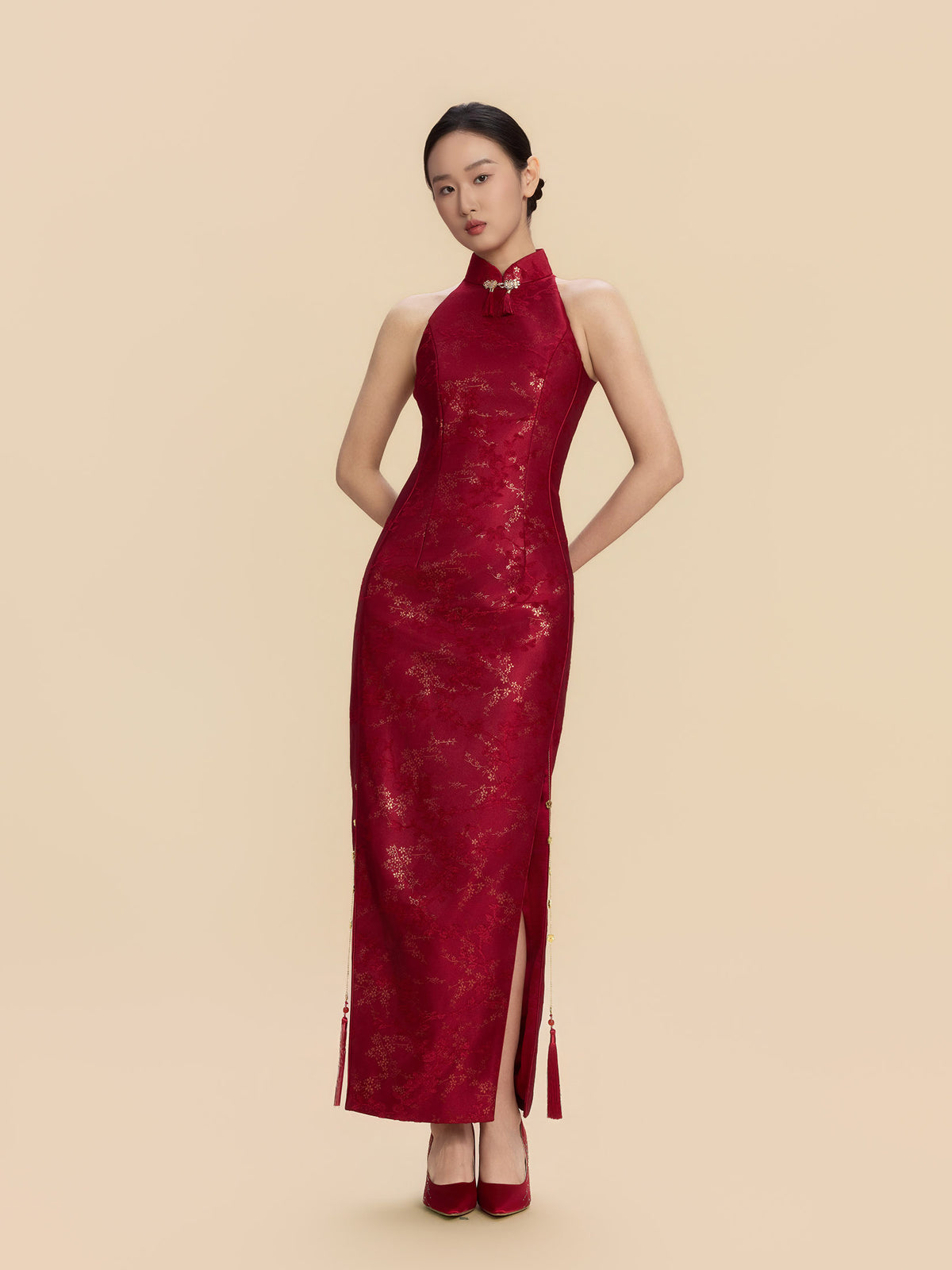 Lucretia Bespoke Qipao - Red Jacquard Fabric Wedding Cheongsam