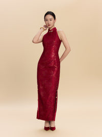 Lucretia Bespoke Qipao - Red Jacquard Fabric Wedding Cheongsam