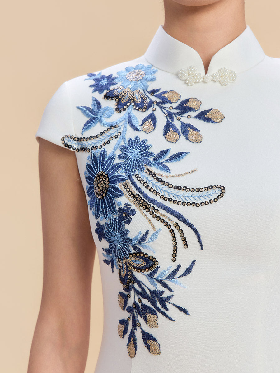 Malala Bespoke Qipao - White Train Mermaid Cheongsam