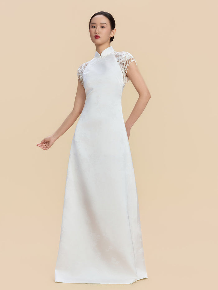 Margaret Bespoke Qipao - White Leeveless Satin Floor Length Cheongsam