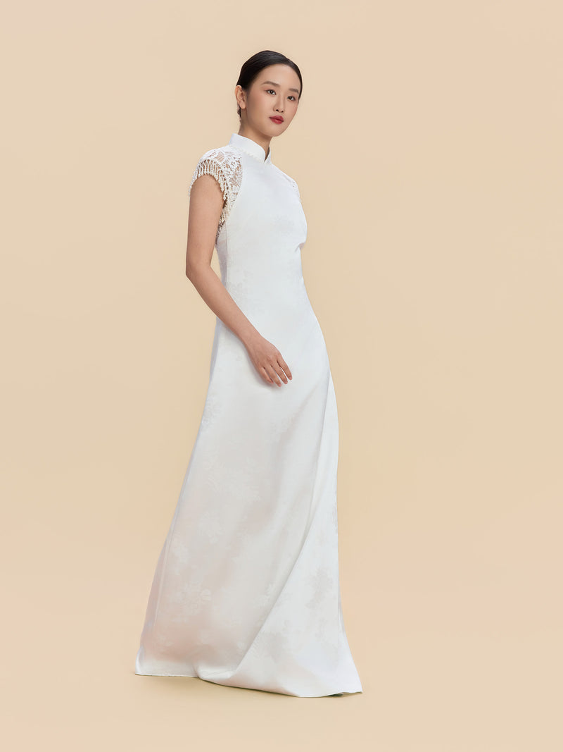 Margaret Bespoke Qipao - White Leeveless Satin Floor Length Cheongsam