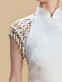 Margaret Bespoke Qipao - White Leeveless Satin Floor Length Cheongsam