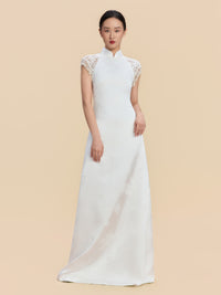 Margaret Bespoke Qipao - White Leeveless Satin Floor Length Cheongsam