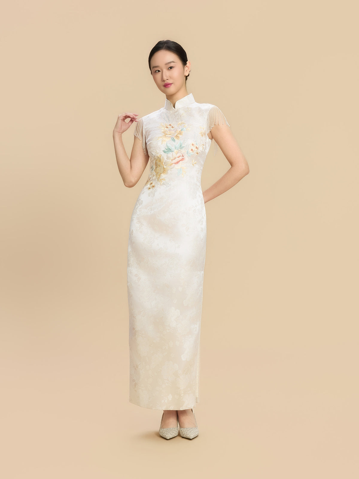 Marguerite Bespoke Qipao - Floral Embroidery Satin Wedding Cheongsam