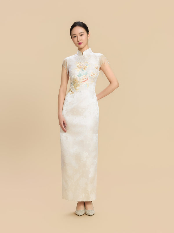 Marguerite Bespoke Qipao - Floral Embroidery Satin Wedding Cheongsam