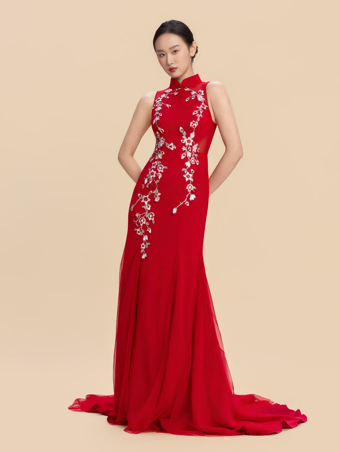 Marian Bespoke Qipao - Floral Embroidery Red Chinese Wedding Dress Cheongsam