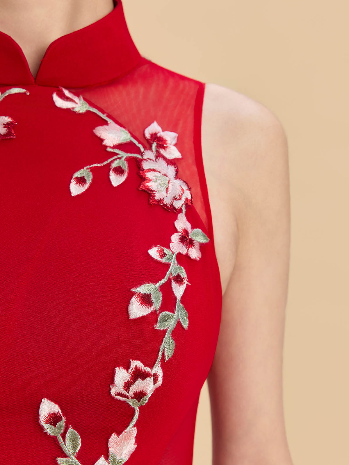 Marian Bespoke Qipao - Floral Embroidery Red Chinese Wedding Dress Cheongsam