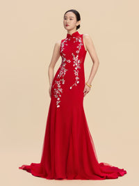 Marian Bespoke Qipao - Floral Embroidery Red Chinese Wedding Dress Cheongsam