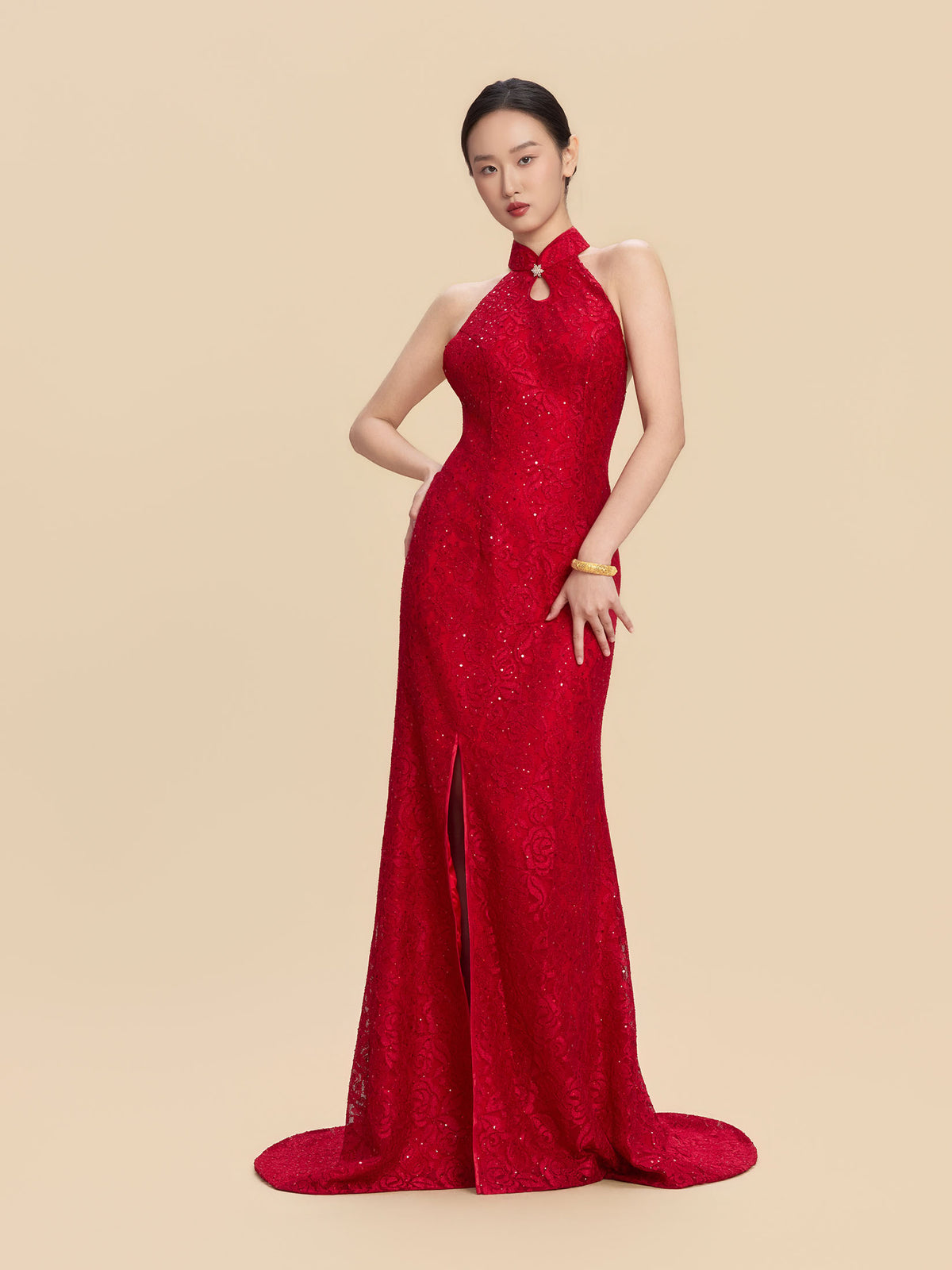 Marina Bespoke Qipao - Sequined Lace Red Chinese Mermaid Cheongsam