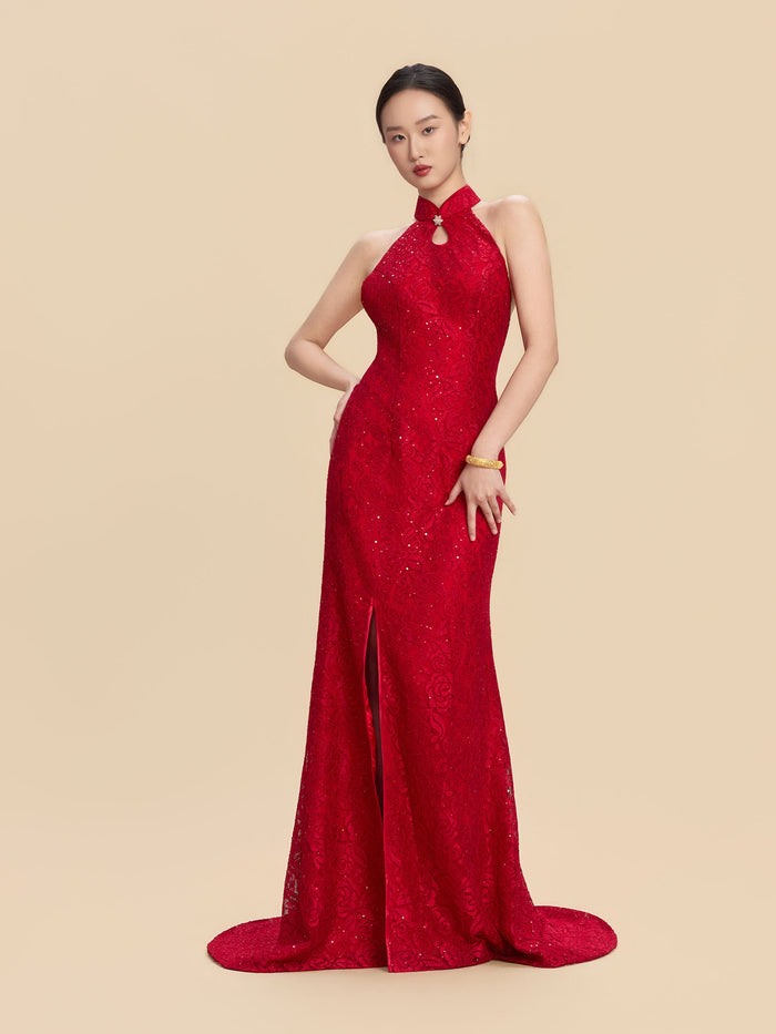 Marina Bespoke Qipao - Sequined Lace Red Chinese Mermaid Cheongsam