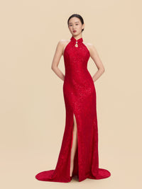 Marina Bespoke Qipao - Sequined Lace Red Chinese Mermaid Cheongsam