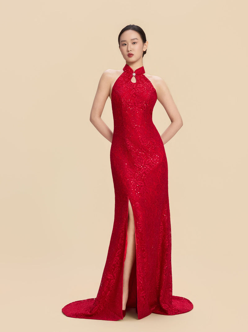 Marina Bespoke Qipao - Sequined Lace Red Chinese Mermaid Cheongsam