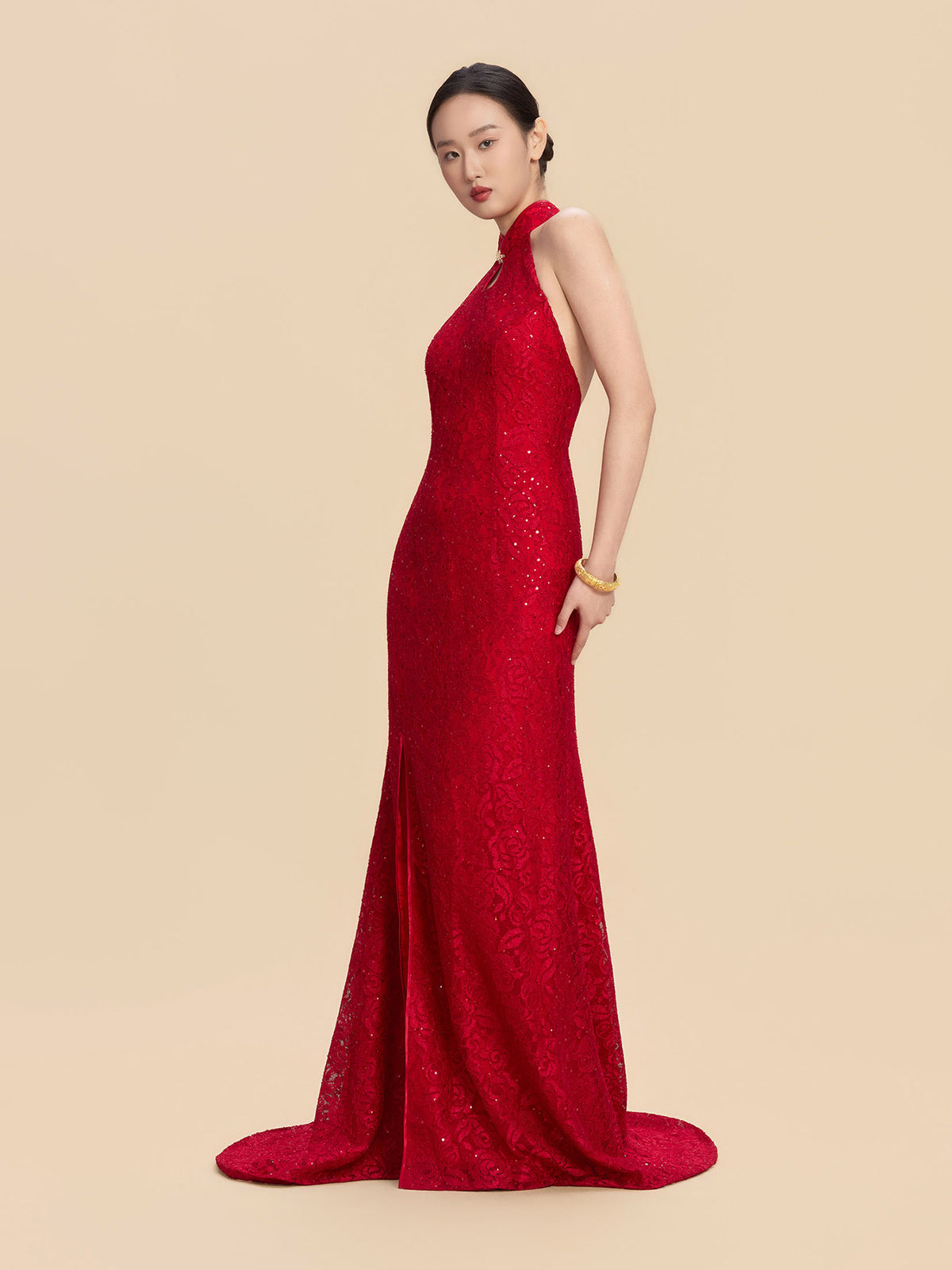 Marina Bespoke Qipao - Sequined Lace Red Chinese Mermaid Cheongsam