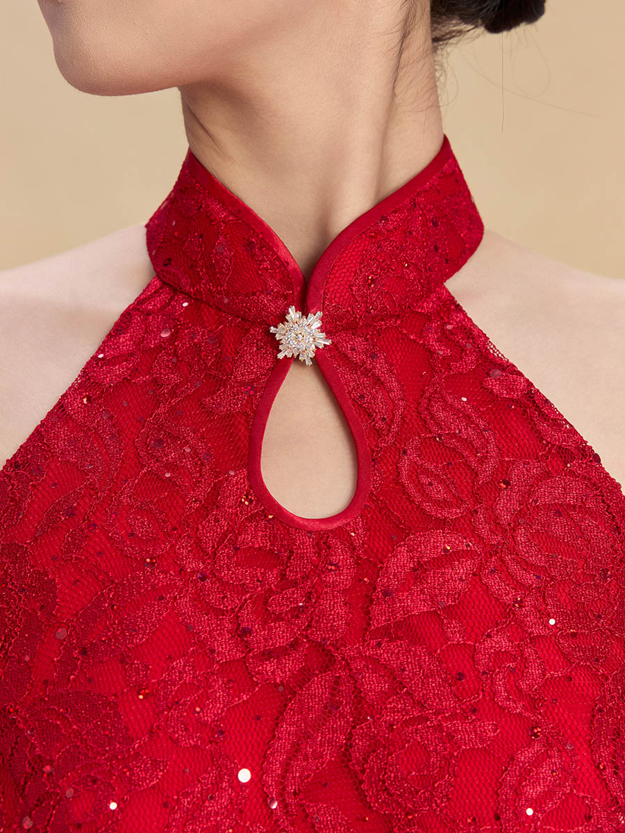 Marina Bespoke Qipao - Sequined Lace Red Chinese Mermaid Cheongsam