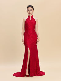 Marina Bespoke Qipao - Sequined Lace Red Chinese Mermaid Cheongsam