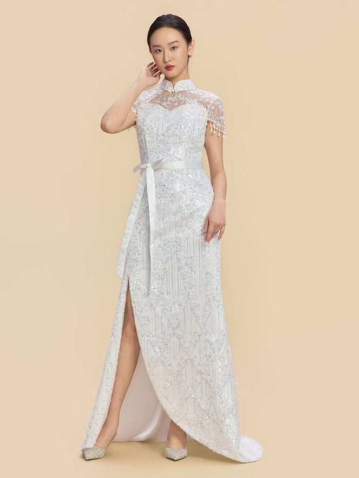Nelly Bespoke Qipao - Morden Style White Sequins Lace Cheongsam