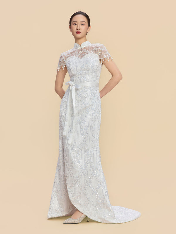 Nelly Bespoke Qipao - Morden Style White Sequins Lace Cheongsam