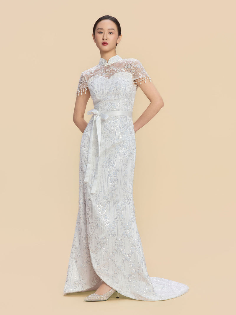 Nelly Bespoke Qipao - Morden Style White Sequins Lace Cheongsam