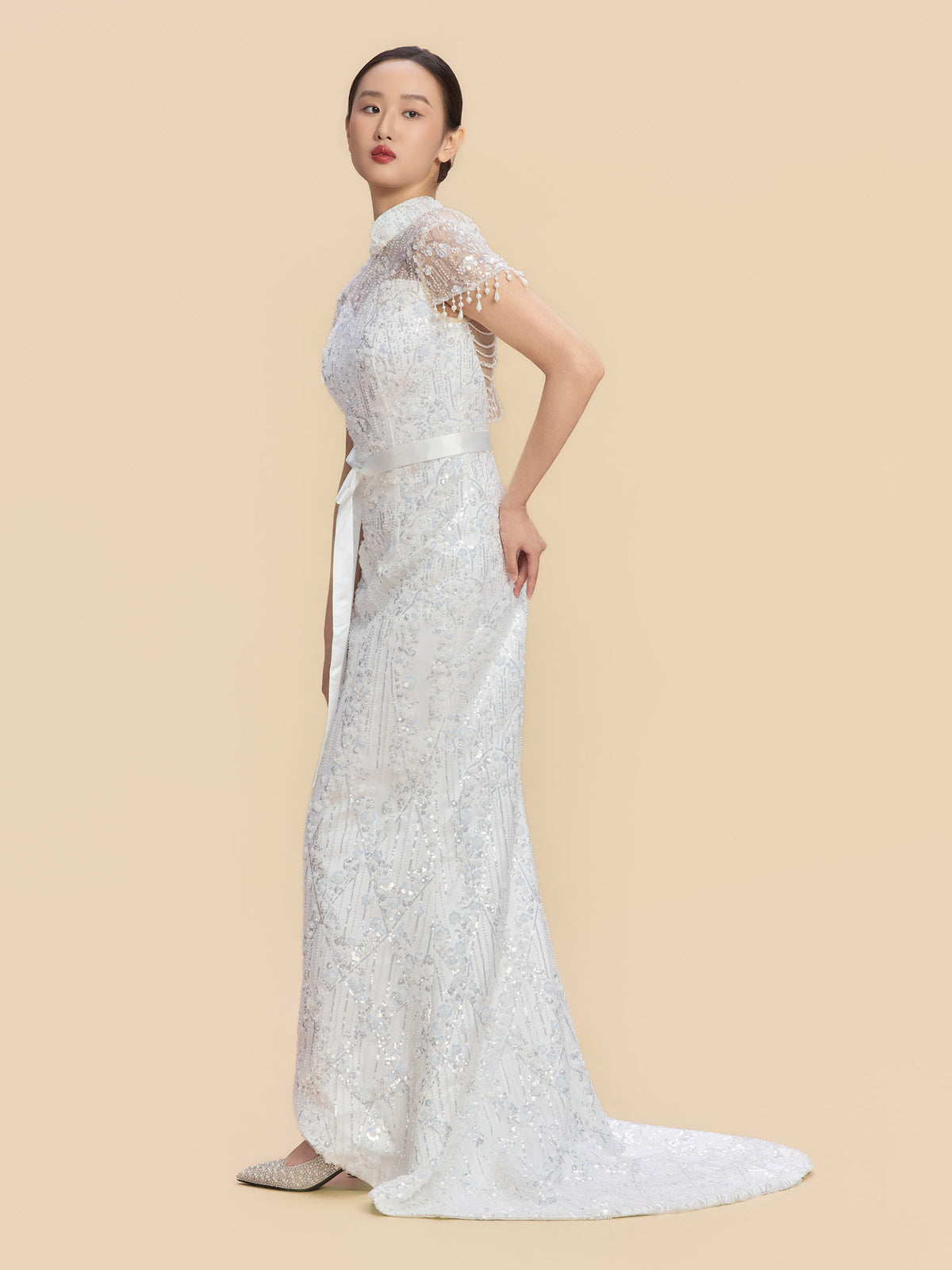 Nelly Bespoke Qipao - Morden Style White Sequins Lace Cheongsam