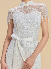 Nelly Bespoke Qipao - Morden Style White Sequins Lace Cheongsam