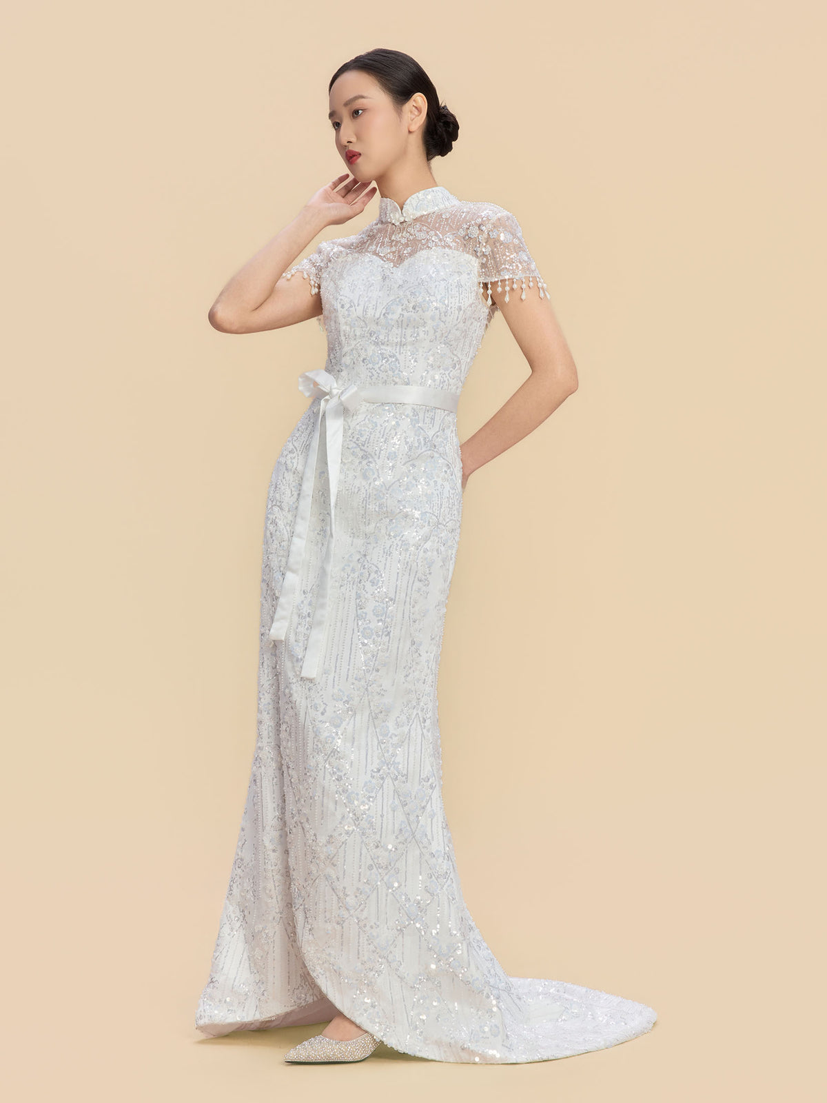 Nelly Bespoke Qipao - Morden Style White Sequins Lace Cheongsam