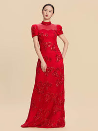 Oseola Bespoke Qipao -Sequin Printed Red Chinese Wedding Dress Cheongsam