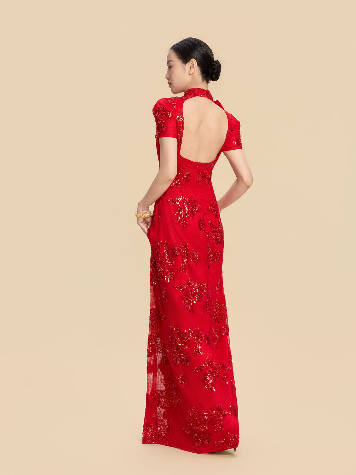 Oseola Bespoke Qipao -Sequin Printed Red Chinese Wedding Dress Cheongsam