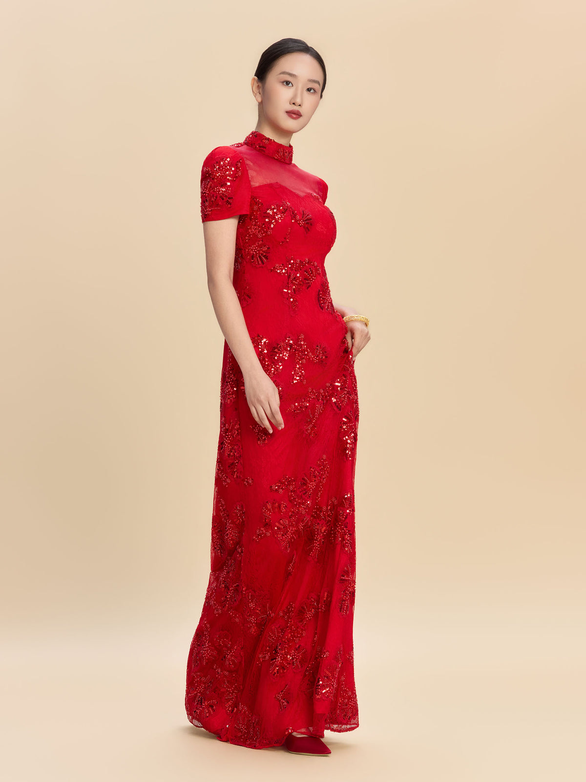 Oseola Bespoke Qipao -Sequin Printed Red Chinese Wedding Dress Cheongsam
