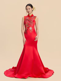 Sanmao Bespoke Qipao - Floral Embroidery Red Mermaid Wedding Cheongsam